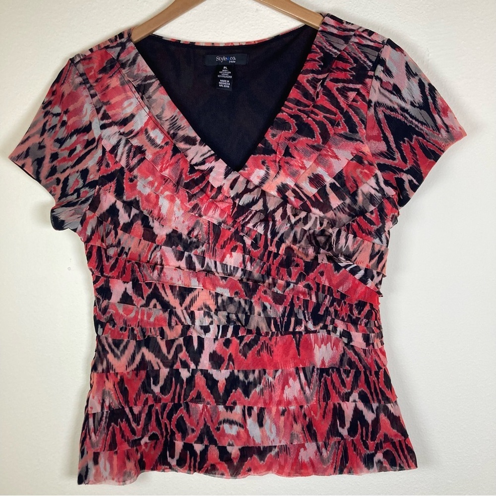 Style & Co Petite Large PL Ruffled Abstract Print Blouse Red Black Mesh Top
